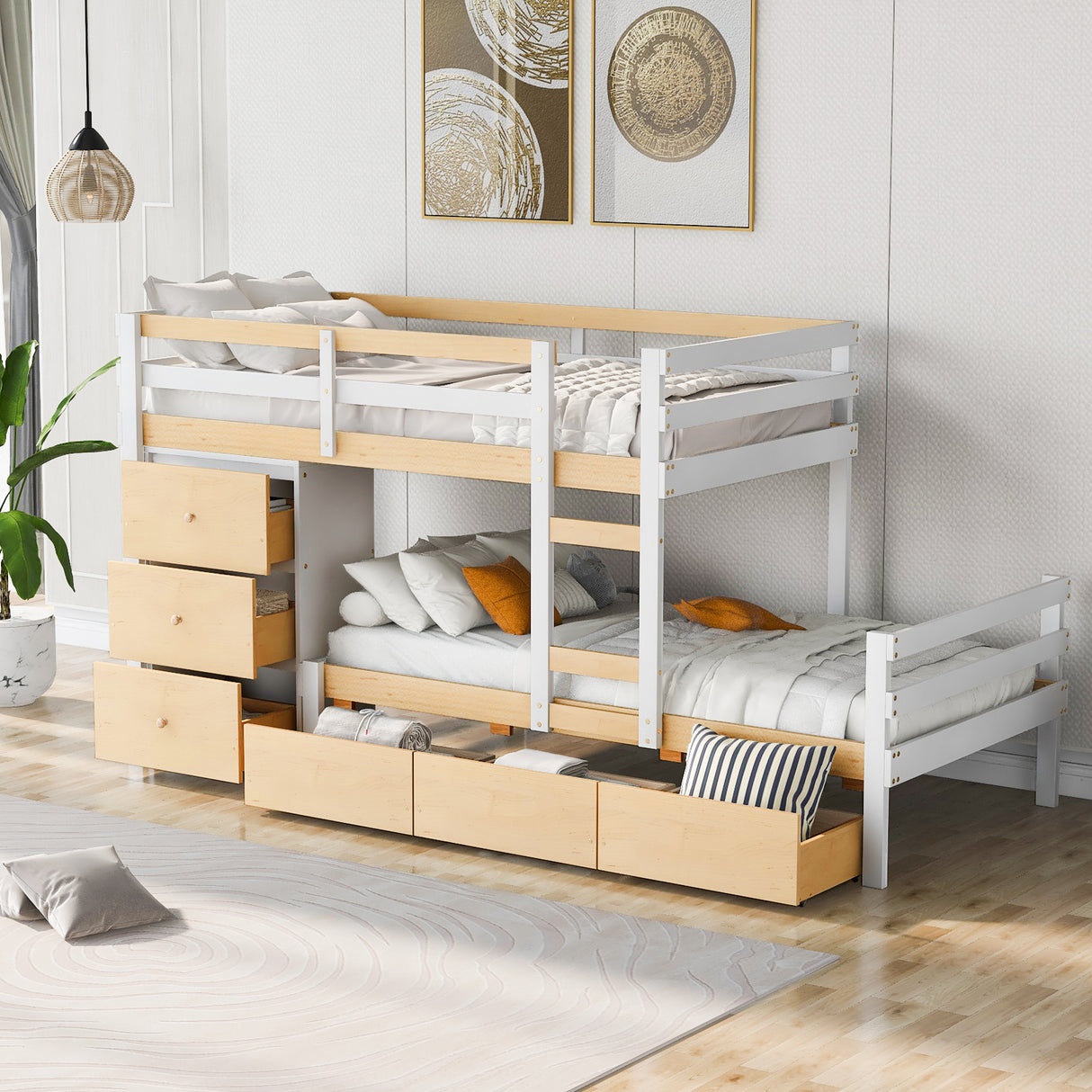 Twin over Twin Loft Bunk Bed with Drawers and Ladder, Natural - Home Elegance USA