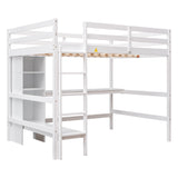 Full Size Loft Bed with Multifunction Shelves and Under-bed Desk, White - Home Elegance USA