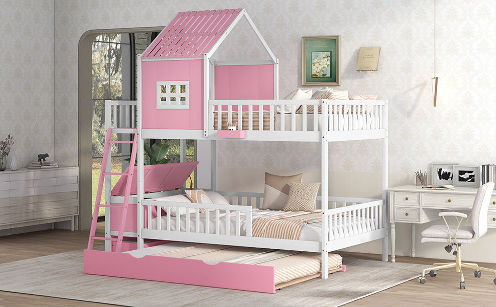 Full over Full Bunk Bed with Twin Size Trundle , Farmhouse Bed with Storage Box and Drawer - Pink - Home Elegance USA