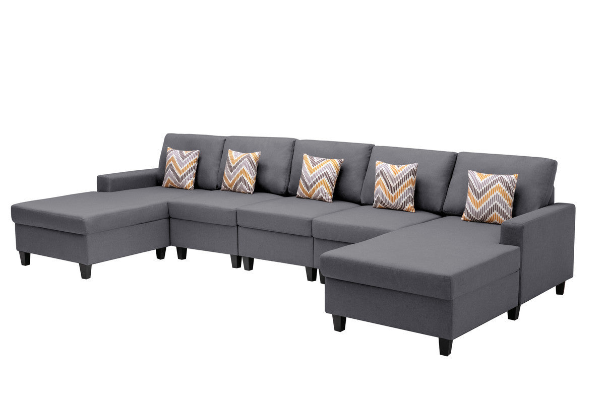 Nolan Gray Linen Fabric 5Pc Double Chaise Sectional Sofa with Pillows and Interchangeable Legs - Home Elegance USA