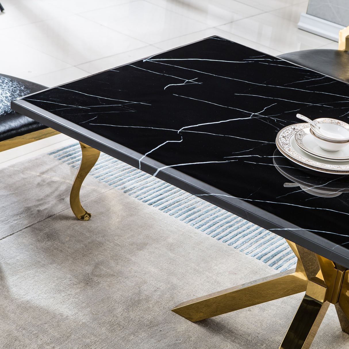 Modern Rectangular Marble Table for Dining Room/Kitchen, 1.02" Thick Marble Top, Gold Finish Stainless Steel Base, Size:79"Lx39"Dx30"H(Not Including Chairs) - Home Elegance USA