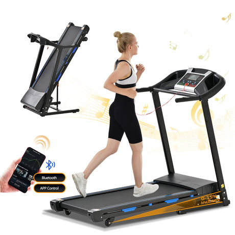 Treadmills for Home, Electric Treadmill with 15% Automatic Incline, Foldable 3.25HP Workout Running Machine Walking, Double Running Board Shock Absorption Pulse Sensor Bluetooth Speaker APP FITSHOW.