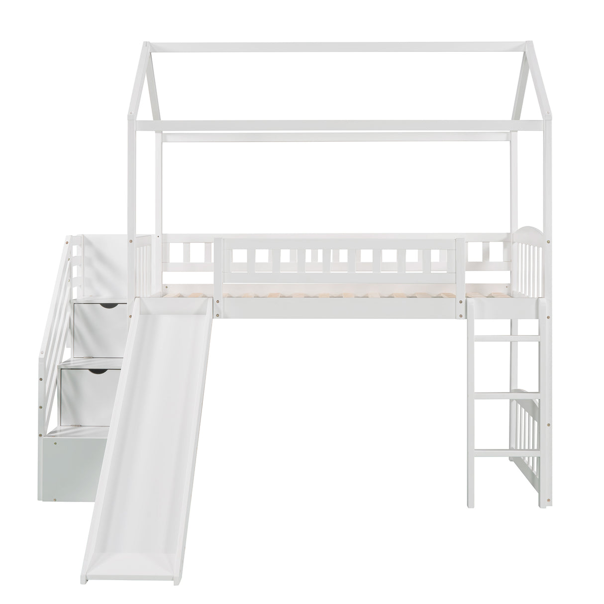 Twin Loft Bed with Two Drawers and Slide, House Bed with Slide, White (Old SKU: LP000130AAK) - Home Elegance USA