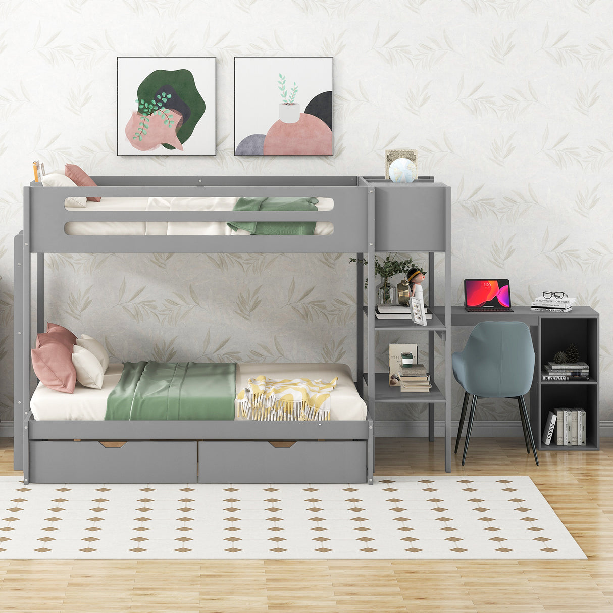 Wood Twin over Full Bunk Bed with Drawers, Shelves, Cabinets, L-shaped Desk and Magazine Holder, Gray - Home Elegance USA