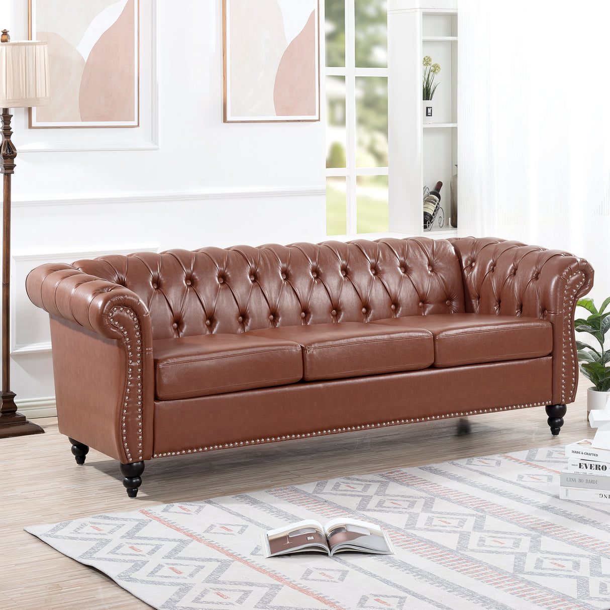 84.65"BROWN PU Rolled Arm Chesterfield Three Seater Sofa. - W68035343 - image - 2