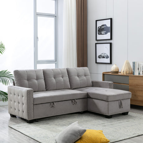 77 Inch Reversible Sectional Storage Sleeper Sofa Bed , L - Shape 2 Seat Sectional Chaise With Storage , Skin - Feeling Velvet Fabric ,Light Grey Color For Living Room Furniture | Home Elegance USA