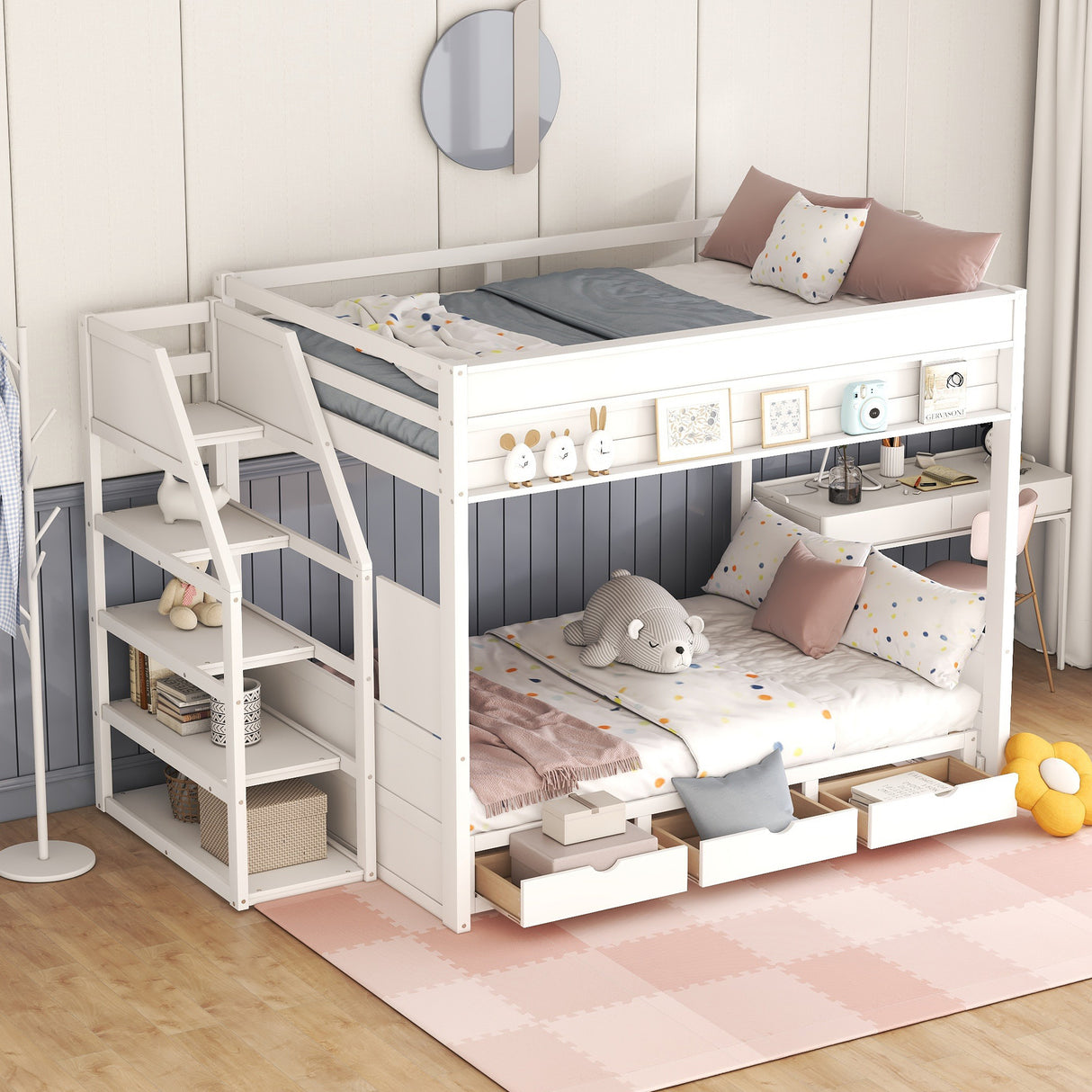 Wood Full Size Convertible Bunk Bed with Storage Staircase, Bedside Table, and 3 Drawers, White - Home Elegance USA