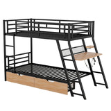 Twin Size Metal Bunk Bed with Built-in Desk, Light and 2 Drawers, Black(Expected Arrival Time: 9.18)