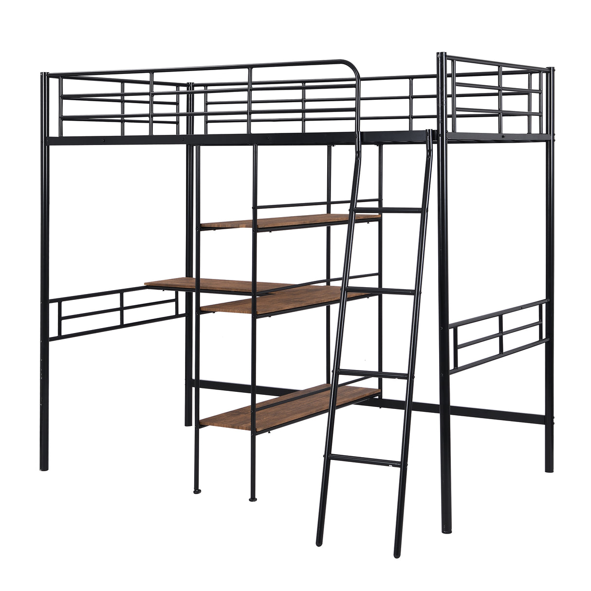 Twin Size Metal Loft Bed and Built-in Desk and Shelves,Black(OLD DKU:WF280270AAB) - Home Elegance USA