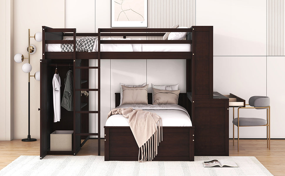 Full size Loft Bed with a twin size Stand-alone bed, Shelves,Desk,and Wardrobe-Espresso - Home Elegance USA