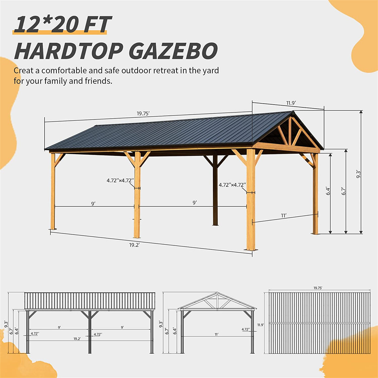 12x20ft Hardtop Gazebo, Galvanized Steel Gable Roof Gazebo Pergola with Wood Grain Aluminum Frame, Outdoor Permanent Gazebo Pavilion for Patio, Garden (Yellow Brown) - W1859S00015 - image - 7