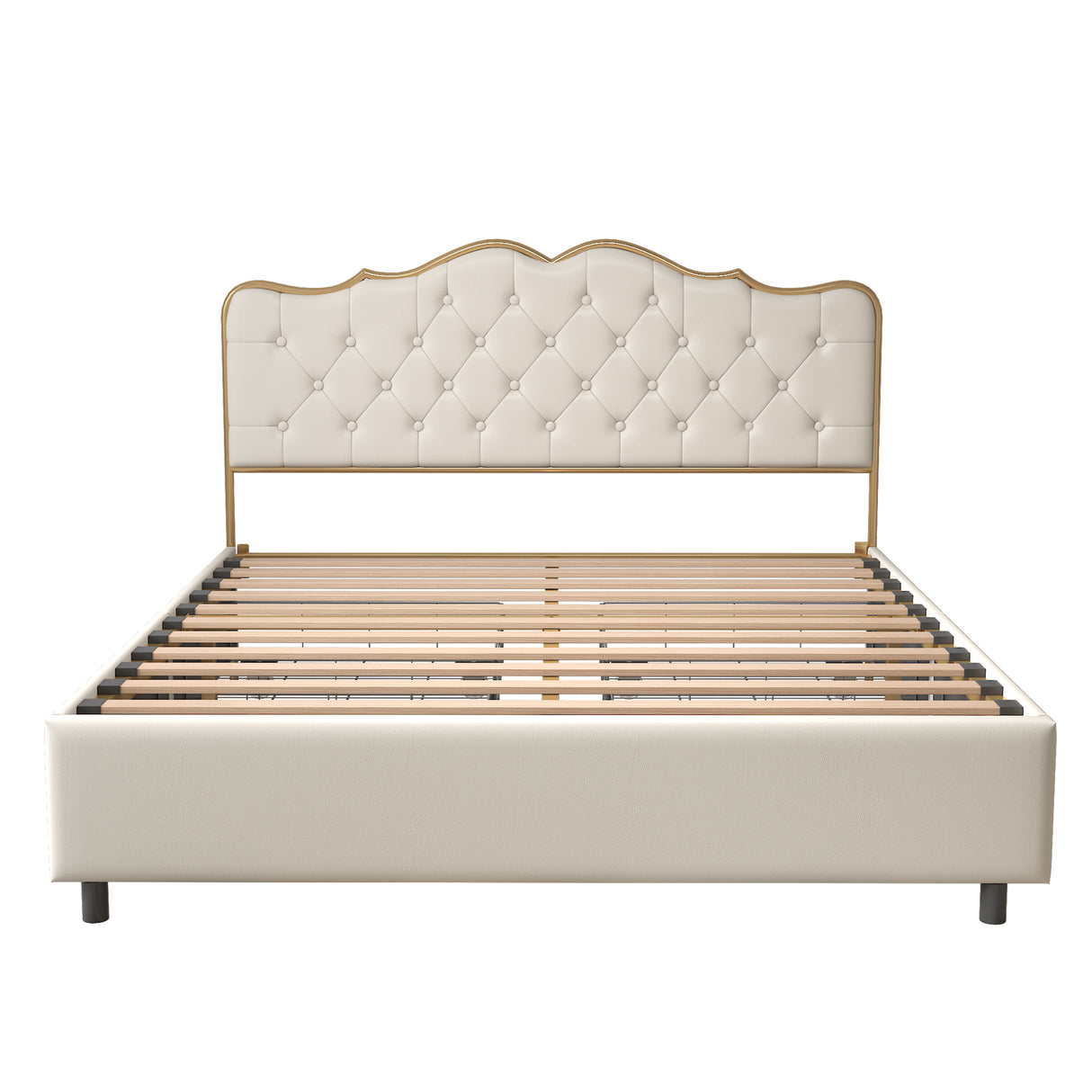 Classic buckle backrest, metal frame, solid wood ribs, with four storage drawers, sponge soft bag, comfortable and elegant atmosphere, white, Full-size, sleeping bed - Home Elegance USA