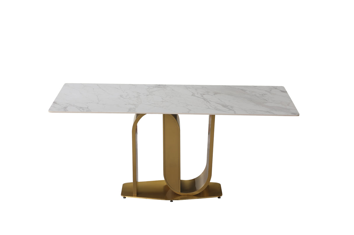 71" Contemporary Dining Table  Sintered Stone  U shape Pedestal Base in Gold finish with 6 pcs Chairs . - Home Elegance USA