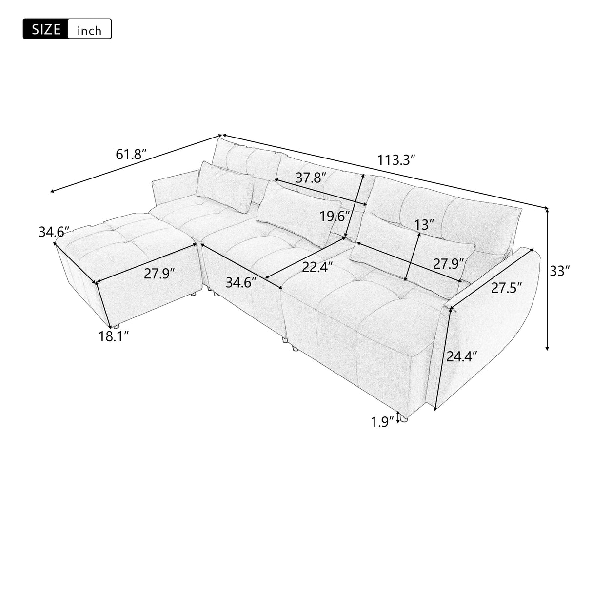 113.3" Convertible Sectional Sofa Couch 3 - Seat L - Shaped Sofa with Movable Ottoman and USB for Apartment, Living Room, Bedroom, Beige - SG000880AAA - image - 2