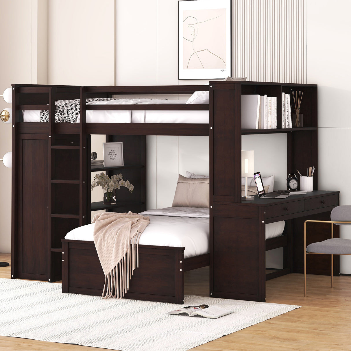 Full size Loft Bed with a twin size Stand-alone bed, Shelves,Desk,and Wardrobe-Espresso - Home Elegance USA