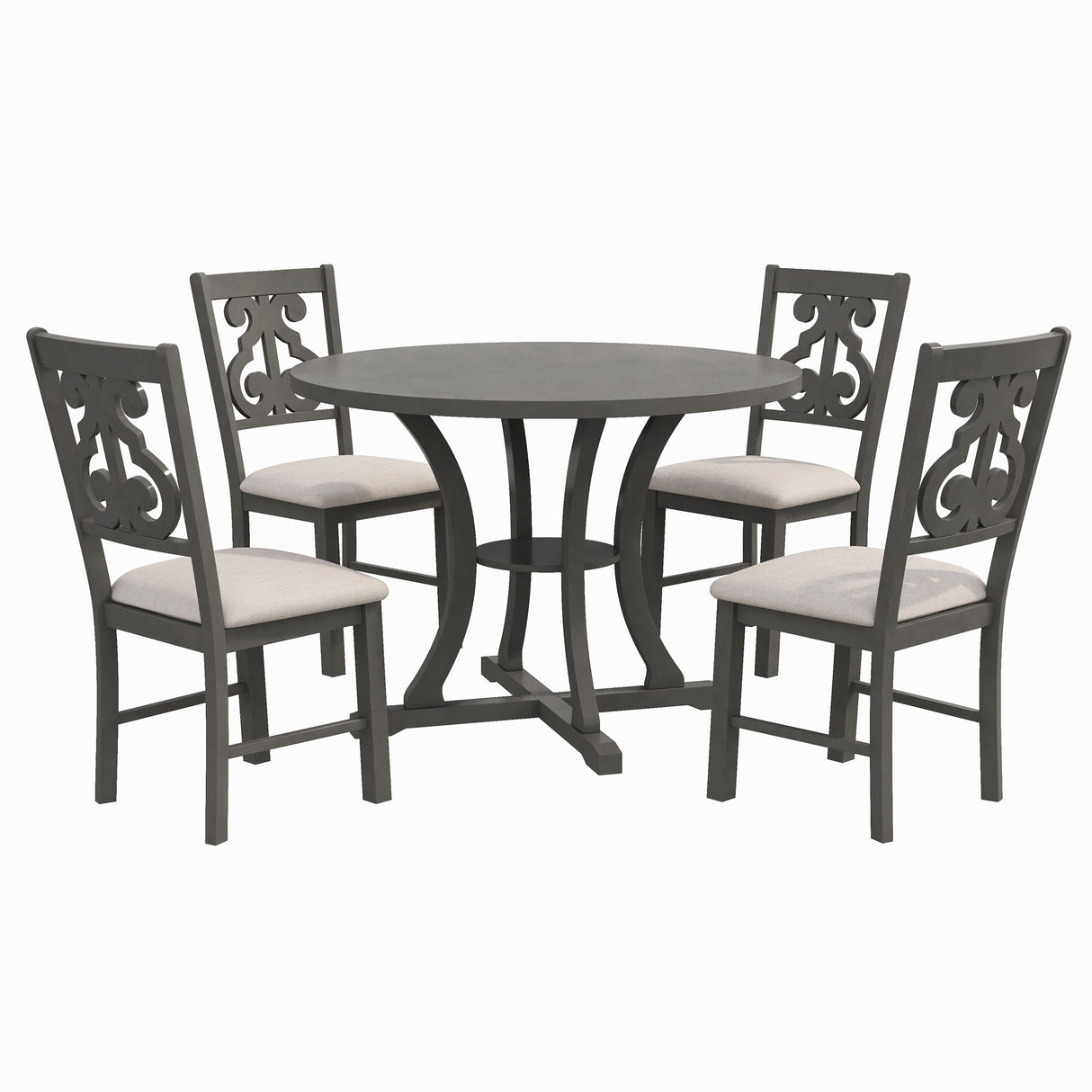 TREXM 5-Piece Round Dining Table and Chair Set with Special-shaped Legs and an Exquisitely Designed Hollow Chair Back for Dining Room (Gray) - Home Elegance USA