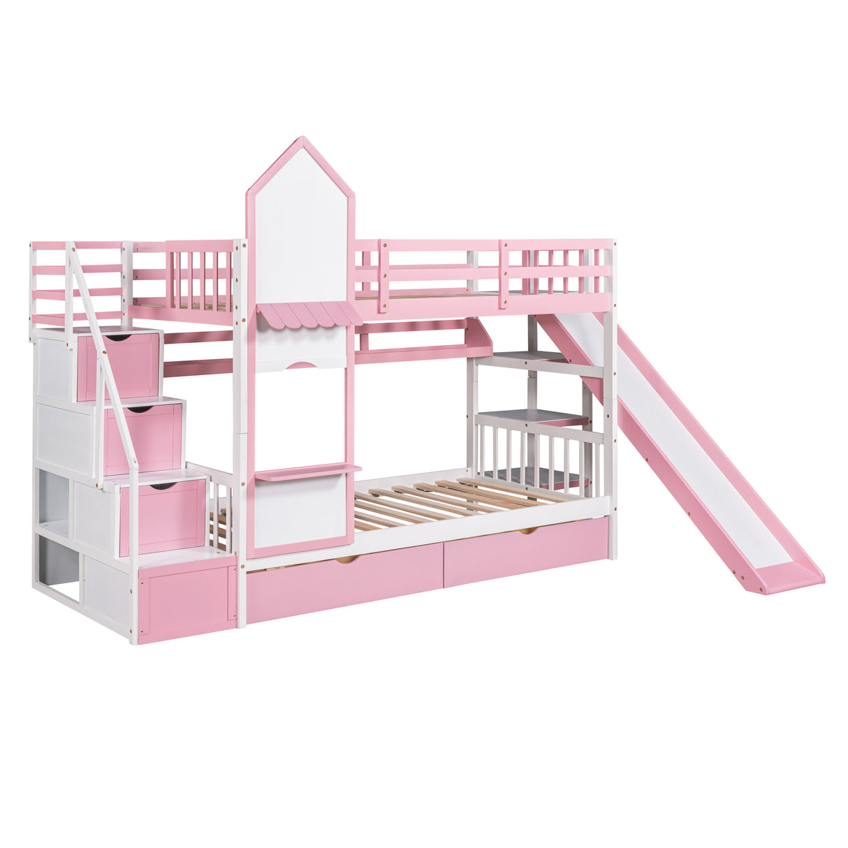 Twin-Over-Twin Castle Style Bunk Bed with 2 Drawers 3 Shelves and Slide - Pink