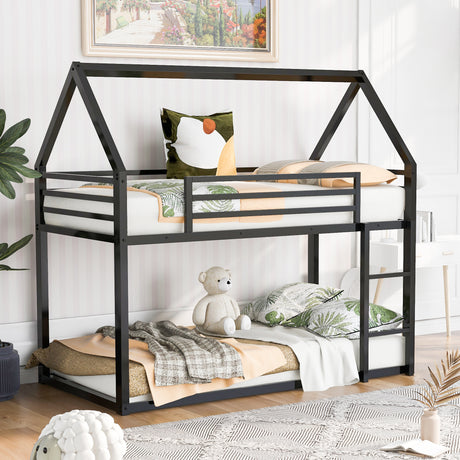 Twin over Twin House Bunk Bed with Built-in Ladder,Black - Home Elegance USA