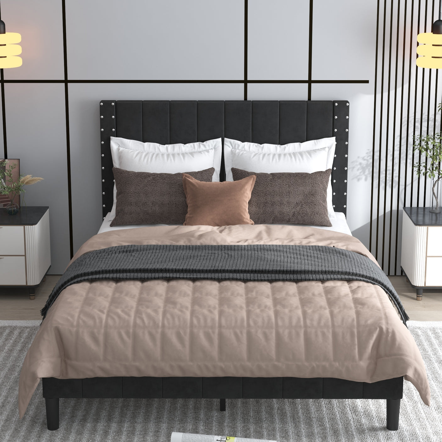 Vertical stripe Upholstered Headboard Platform Bed Frame，With wood Slat Support, Easy Assembly, Twin/Full/Queen  Black - Home Elegance USA