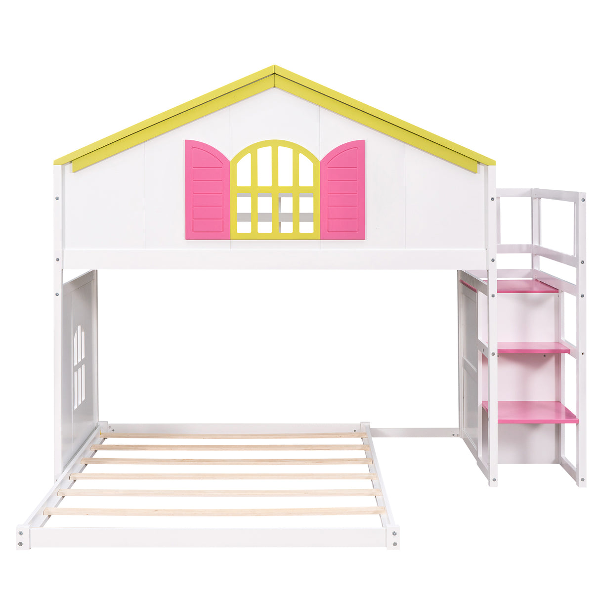 Twin over Full House Bunk Bed with Pink Staircase and Drawer,  Shelves Under the Staircase, House Shaped Bed with Windows, White - Home Elegance USA