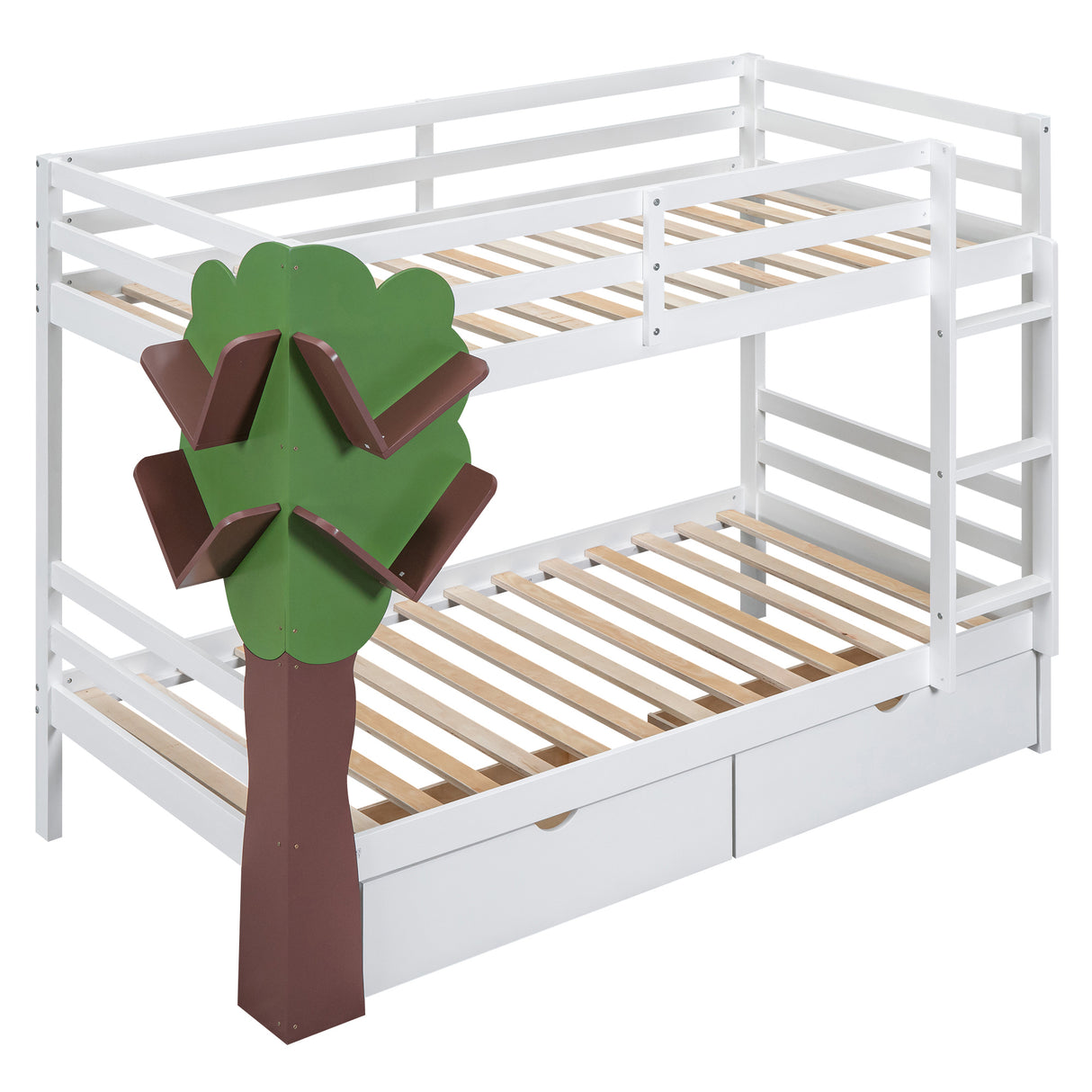 Twin-Over-Twin Bunk Bed with  a Tree Decor and Two Storage Drawers, White - Home Elegance USA