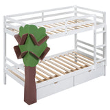 Twin-Over-Twin Bunk Bed with  a Tree Decor and Two Storage Drawers, White - Home Elegance USA