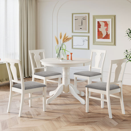 TOPMAX Mid-Century Wood 5-Piece Dining Table Set, Round Kitchen Set with 4 Upholstered Dining Chairs for Small Places, Cream White - Home Elegance USA