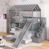 Twin over Twin House Bunk Bed with Trundle and Slide ,Storage Staircase,Roof and Window Design, Gray Home Elegance USA