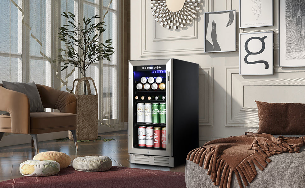 Built-in and Freestanding 15" Mini Beverage Refrigerator/Wine Cabinet, 120 Cans, 34-65°F, Quiet, Adjustable Shelves, LED Lighting, ETL , Touch Controls, Defrost, Double Glass Door, Kitchen/Bar /office