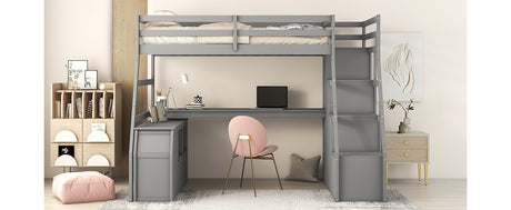 Twin Size Loft Bed with with 7 Drawers 2 Shelves and Desk - Gray