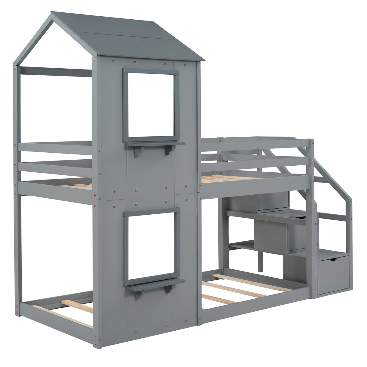 Twin Over Twin Bunk Bed with Storage Stairs,Wood Bed with Roof, Window, Guardrail, Ladder，Gray