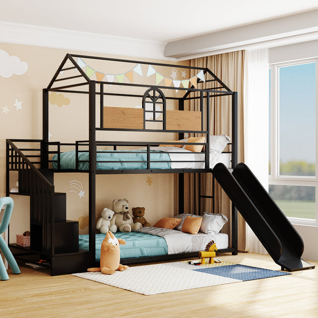 Twin Over Twin Metal Bunk Bed ,Metal Housebed with Slide and Storage Stair,Black with Black Slide(OLD SKU:LP000195AAB) - Home Elegance USA