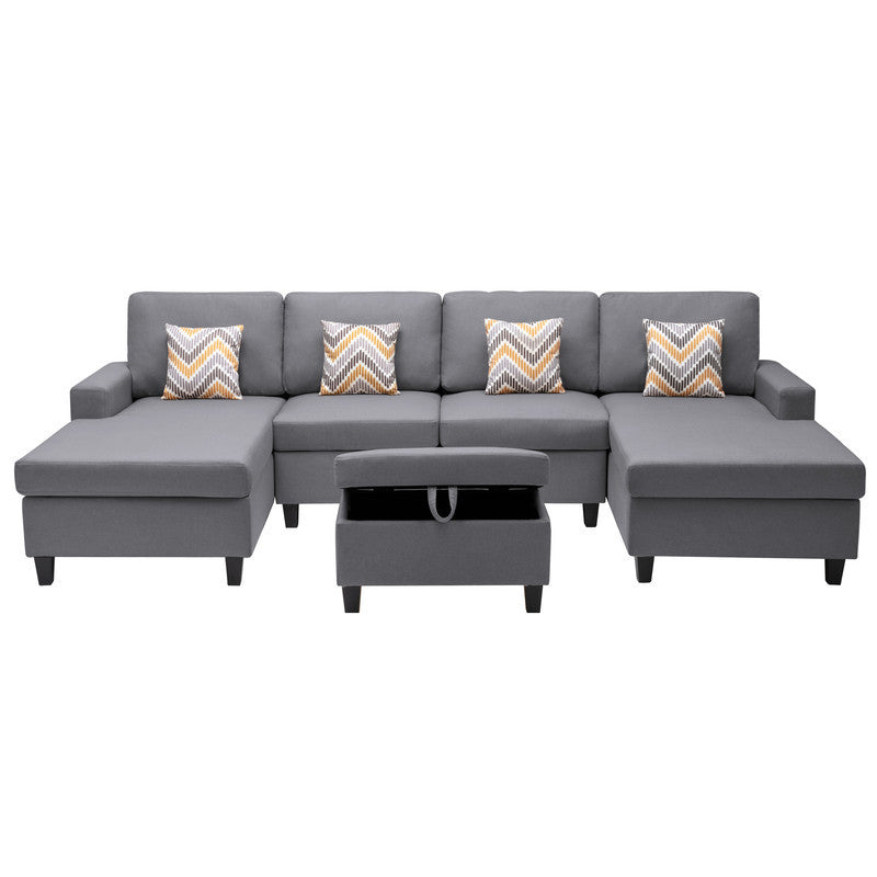 Nolan Gray Linen Fabric 5Pc Double Chaise Sectional Sofa with Interchangeable Legs, Storage Ottoman, and Pillows - Home Elegance USA