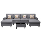 Nolan Gray Linen Fabric 5Pc Double Chaise Sectional Sofa with Interchangeable Legs, Storage Ottoman, and Pillows - Home Elegance USA