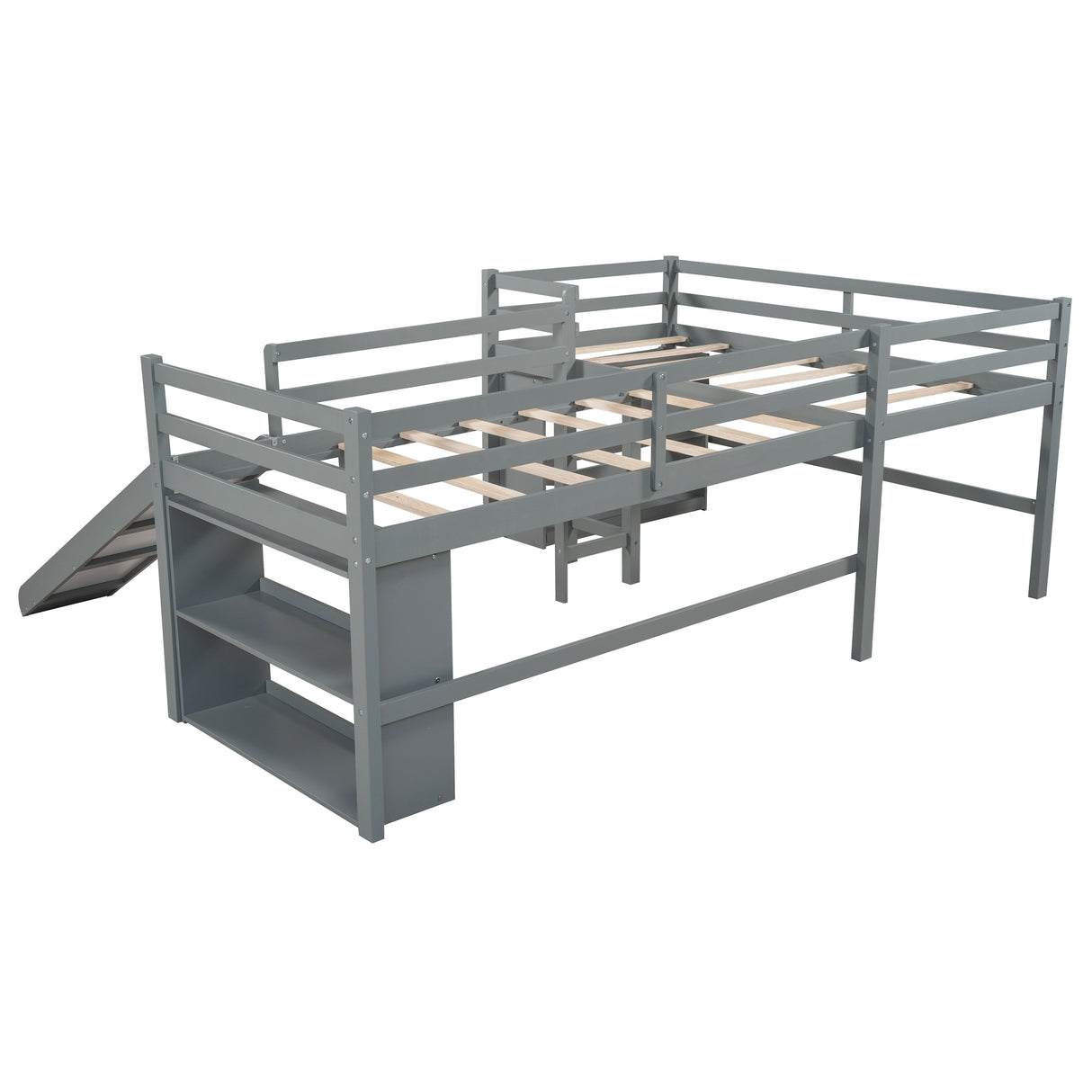 Twin Size L-Shaped Loft Bed with Movable Two-Tier Shelves and Slide,Gray - Home Elegance USA