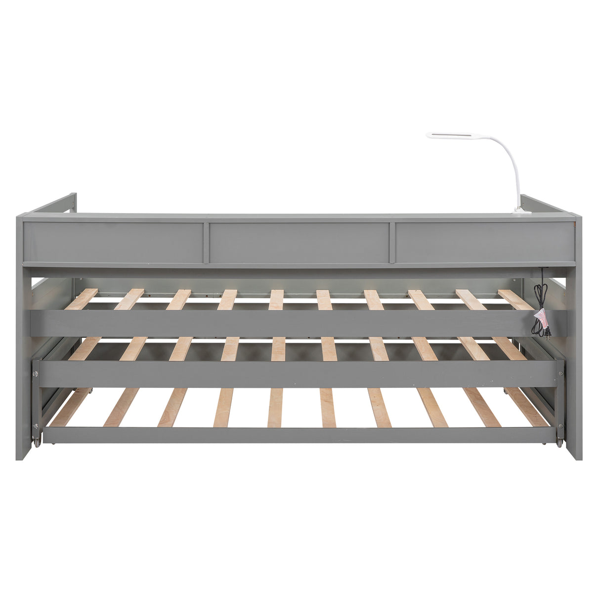 Twin XL Wood Daybed with 2 Trundles, 3 Storage Cubbies, 1 Light for Free and USB Charging Design, Gray - Home Elegance USA