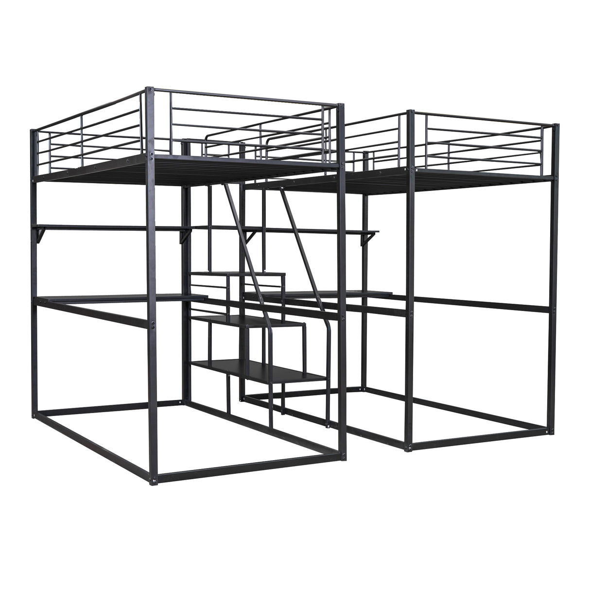 Double Twin over Twin Metal Bunk Bed with Desk, Shelves and Storage Staircase, Black - Home Elegance USA