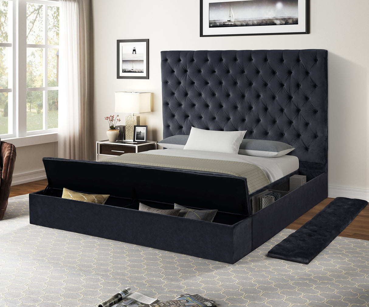 Nora Full Size Tufted Upholstery Storage Bed made with Wood in Black - Home Elegance USA