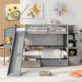 Twin over Twin Bunk Bed with Storage Staircase, Slide and Drawers, Desk with Drawers and Shelves, Gray - Home Elegance USA