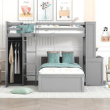 Twin size Loft Bed with a Stand-alone bed, Shelves,Desk,and Wardrobe-Gray - Home Elegance USA