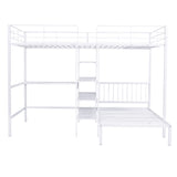 Full Over Twin Metal Bunk Bed with Built-in Desk, Shelves and Ladder, White