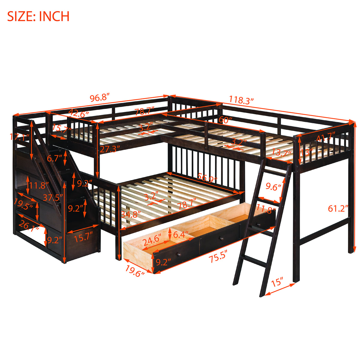 Twin over Full L-Shaped Bunk Bed With 3 Drawers, Ladder and Staircase - Espresso - Home Elegance USA