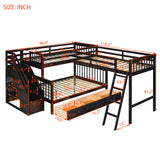 Twin over Full L-Shaped Bunk Bed With 3 Drawers, Ladder and Staircase - Espresso - Home Elegance USA