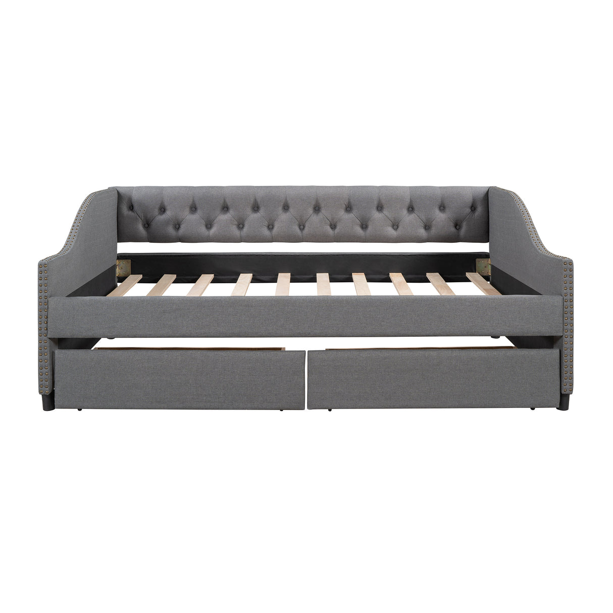 Upholstered daybed with Two Drawers, Wood Slat Support, Gray, Full Size(OLD SKU :LP001111AAE)