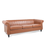 83.46" Brown PU Rolled Arm Chesterfield Three Seater Sofa. | Home Elegance USA