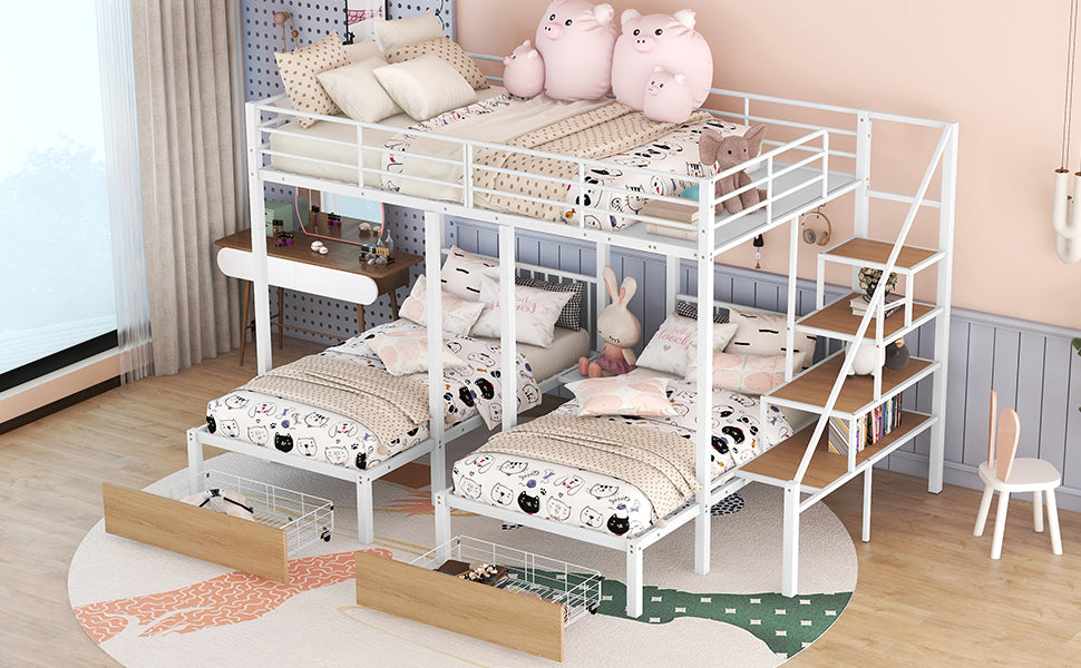 Full over Twin-Twin Triple bunk bed with drawers and staircase, White