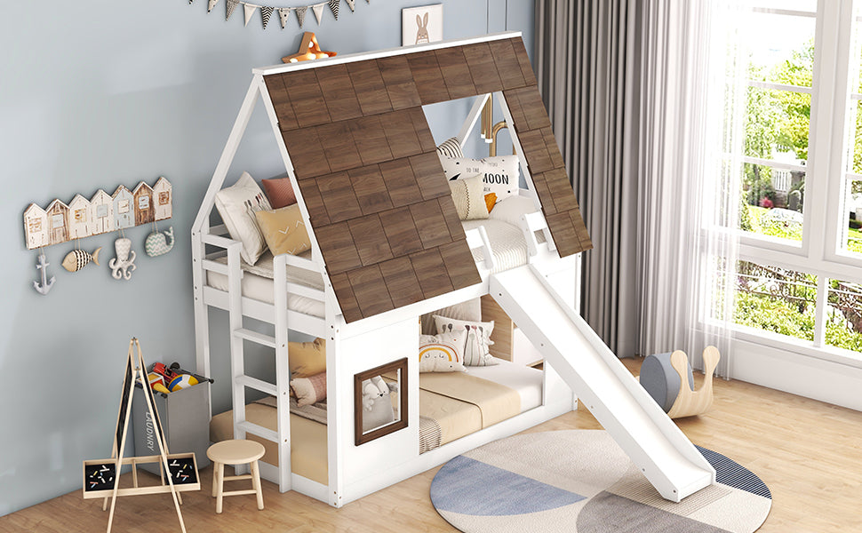 Wood Twin Size House Bunk Bed with Roof, Ladder and Slide, White+Brown