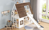 Wood Twin Size House Bunk Bed with Roof, Ladder and Slide, White+Brown