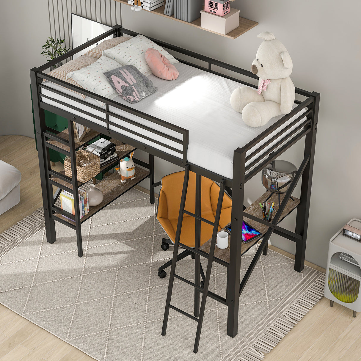 Twin Size Metal Loft Bed with Shelves and Desk, Black (Old SKU:SM001102AAB) - Home Elegance USA