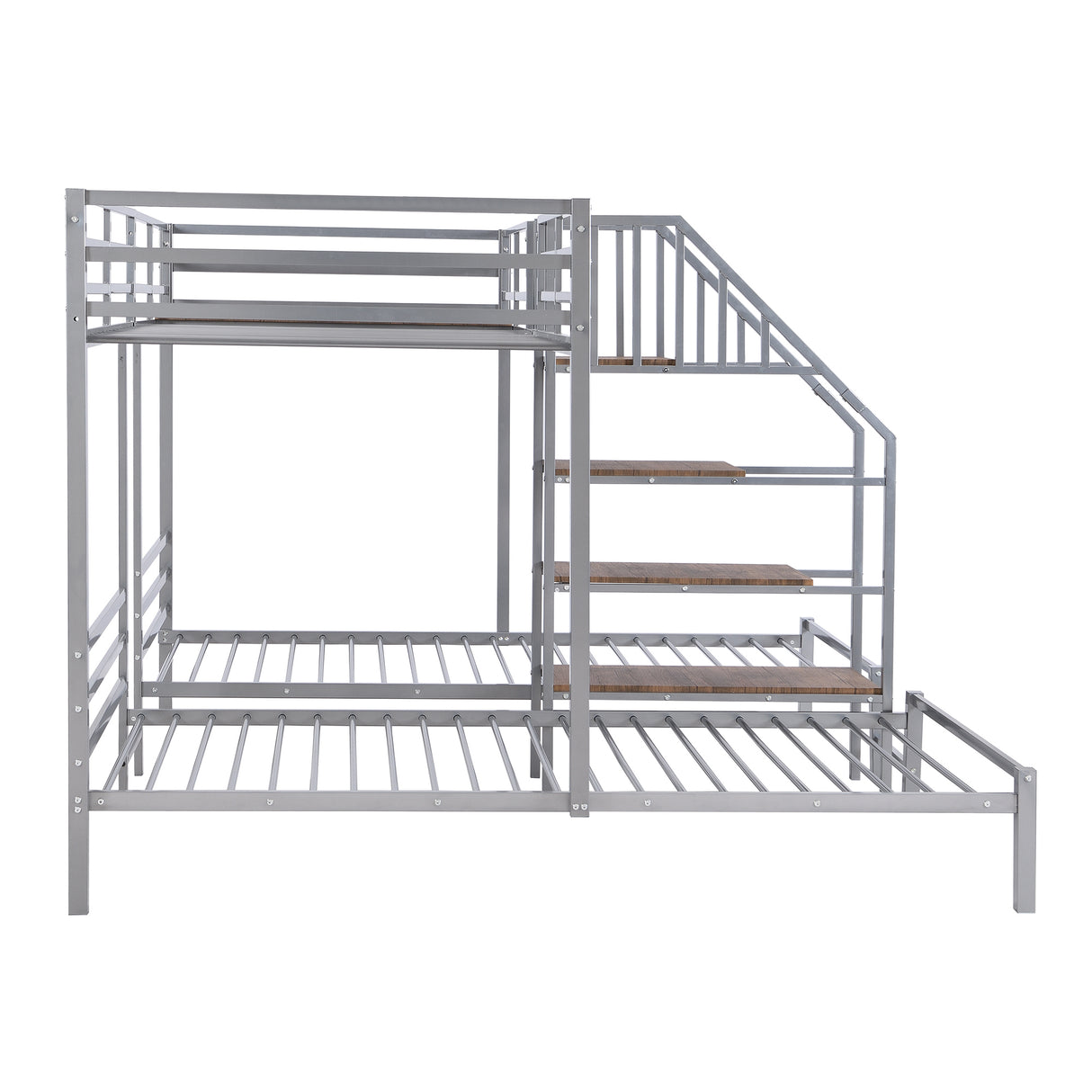 Metal Twin over Twin & Twin Bunk Bed, Triple Bunk Bed with Storage Shelves Staircase, Silver - Home Elegance USA